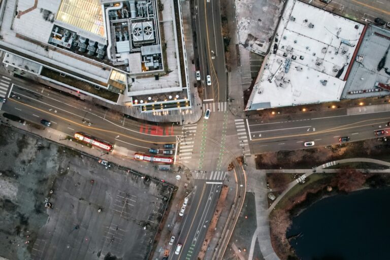 Traffic signal control room screens street intersection aerial