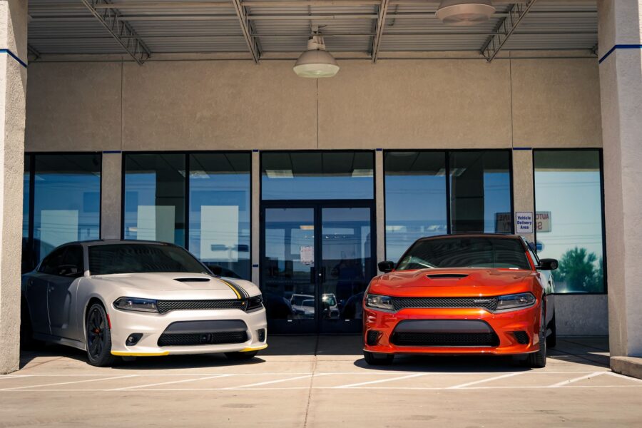 Hybrid car dealership showroom front row