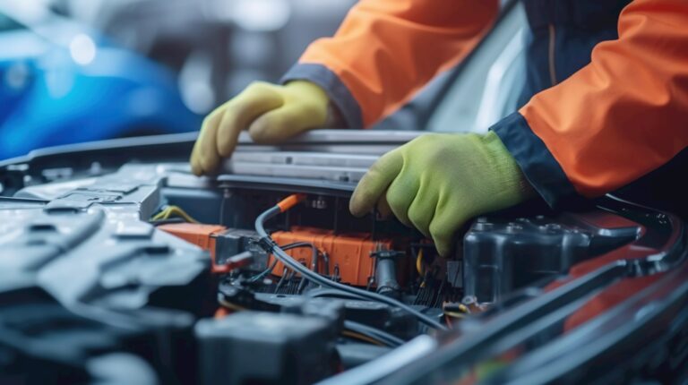 Mechanic inspecting battery modules